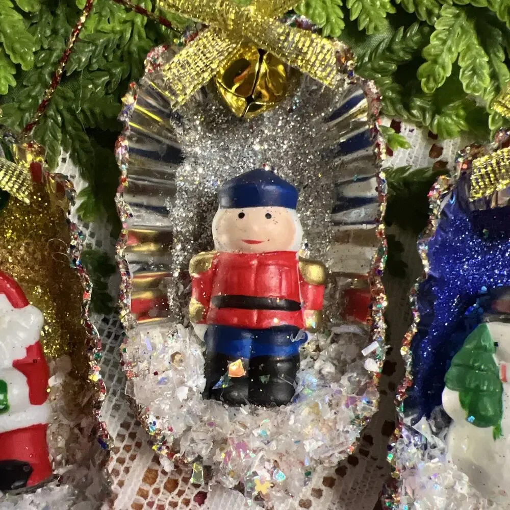 Vintage Oval Tart Tin Santa Snowman Soldier Set/3 Diorama Mid Century Ornaments